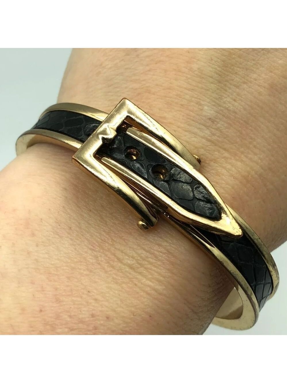 Vintage Black Belt Cuff Buckle Bracelet 2 1/2"